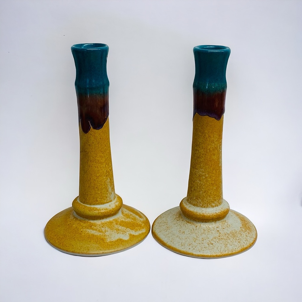 Walt Glass Signed Art Pottery Candlestick Candle Holder Texas Sunset